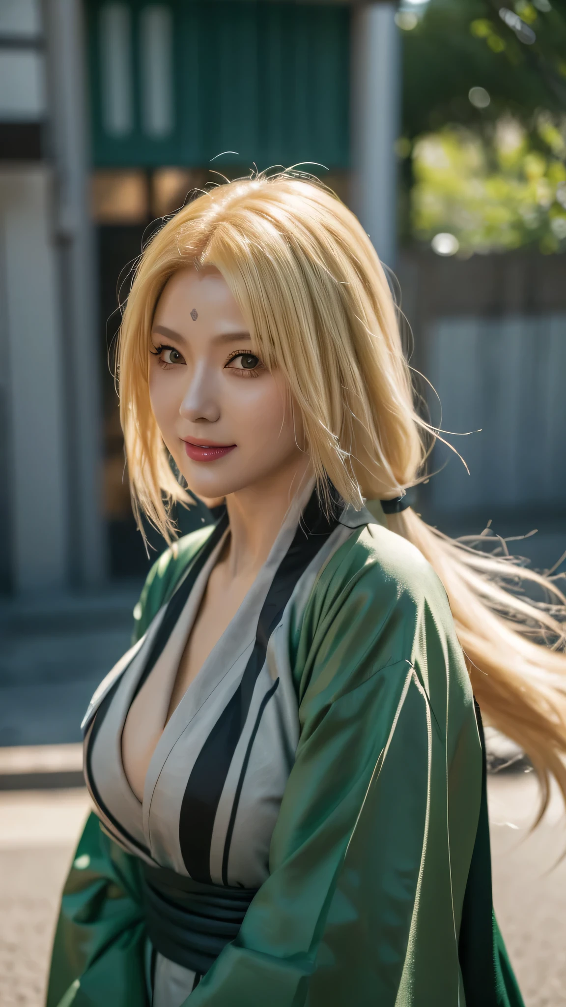 a close up of a person with long hair and a green kimono, tsunade senju, tsunade senju from anime naruto, as an anime character, perfect anime face, she has yellow hair with bangs, female anime character, anime character, anime best girl, hime cut hairstyle, yellow hair, (red glossy lips:1.3), yellow eyes, big breasts, smile, city background, (beautiful face:1.3) 