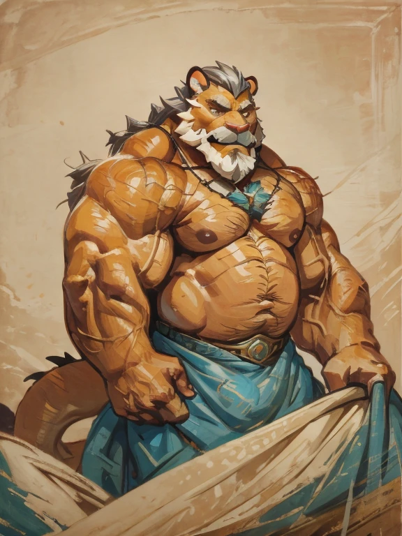 A burly, virile, and hairy dragon, exuding the irresistible charm of a himbo muscle daddy. His middle-aged features, adorned by a long, bushy beard and a thick mustache, reveal a life of experience and adventure. His body, sculpted into a warrior's build and a bodybuilder's physique, is a testament to his unyielding dedication to physical fitness. The hair on his chest and belly forms a carpet of thick fur, while his hairy arms and legs are adorned with a natural, untamed layer of hirsute. Every muscle on his overmuscular and musclebound frame is defined and bulging, veins pulsing beneath the surface, hinting at his incredible strength. Despite his advanced age, his grey hair only adds to his handsome and dreamy appearance.