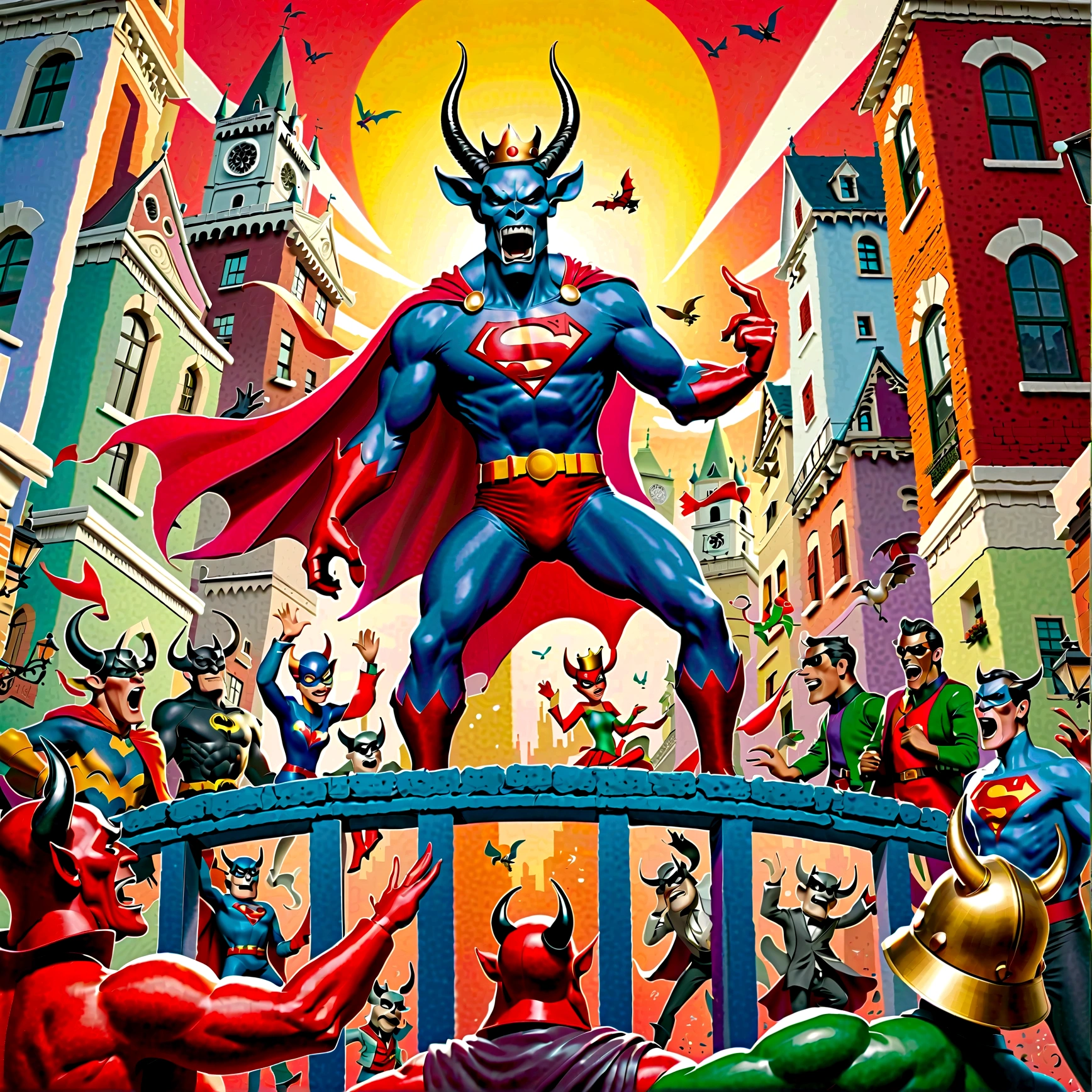 A vibrant, chaotic illustration filled with satirical imagery. A devil wearing a crown surrounds a group of people, including a manwith two nines and two aces. A goat-headed figure is yelling "Satan will surround us!!!" while another character shouts "Close the gate!". A person stands on an "atas" (a high platform), holding a gas mask. People are hastily hiding their clothes, while another character assures them, "No worries!!!" Felix, presumably a character in the scene, is depicted as a superhero figure, stating he won't tie anyone down. A Chekist figure is labeled as an "idiot," and a chaotic cityscape can be seen in the background. The overall tone of the illustration is lighthearted, yet bold and vivid., photo, illustration