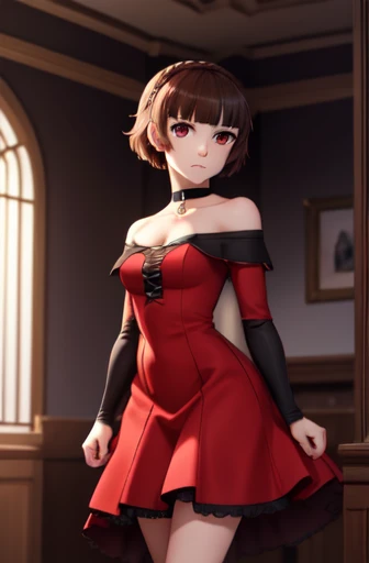 makotonijima, makoto nijima, blunt bangs, braid, brown hair, crown braid, (red eyes:1.3), short hair, BREAK (black choker, off shoulder, tight red dress, white high-heels:1.2) BREAK looking at viewer, standing, arms to the side, BREAK indoors, interior of a fancy palace, ballroom, BREAK (masterpiece:1.2), best quality, high resolution, (extremely detailed CG unity 8k wallpaper), (masterpiece), (best quality), (ultra-detailed), (best illustration), (best shadow), (absurdres), (perfect hands, perfect anatomy),