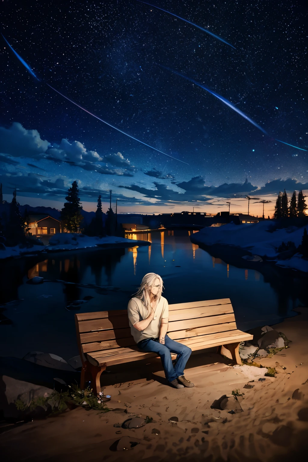 Young man with long, wavy silver hair, Piercing blue eyes, muscular physique, Casual attire, Starry night sky, Bench under a tree, Contemplative, Sitting, Deep thought, Muted tones, Moody, Sharp focus, High resolution, Realistic, 4K, HDR, Studio lighting, Bokeh, Soft shadows, Nightscene, Vivid stars, Clean lines, Detailed, Masterpiece.