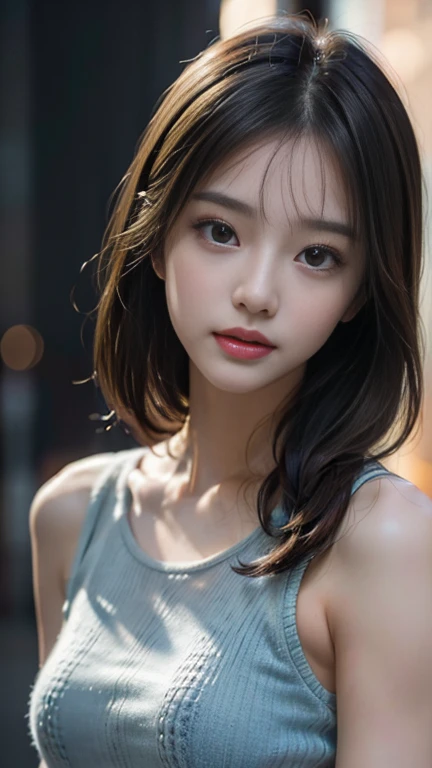 Pieces fly、highest quality、figure、 Very detailed、The finer details、 High resolution、8K Dende Wallpaper、Perfect dynamic composition、24 year old beautiful girl、clear、Detailed beautiful face、Beautiful, detailed eyes、Textured skin、A faint smile、Small breasts、Knit dress、Neon lights、Blue background,whole body,Real,