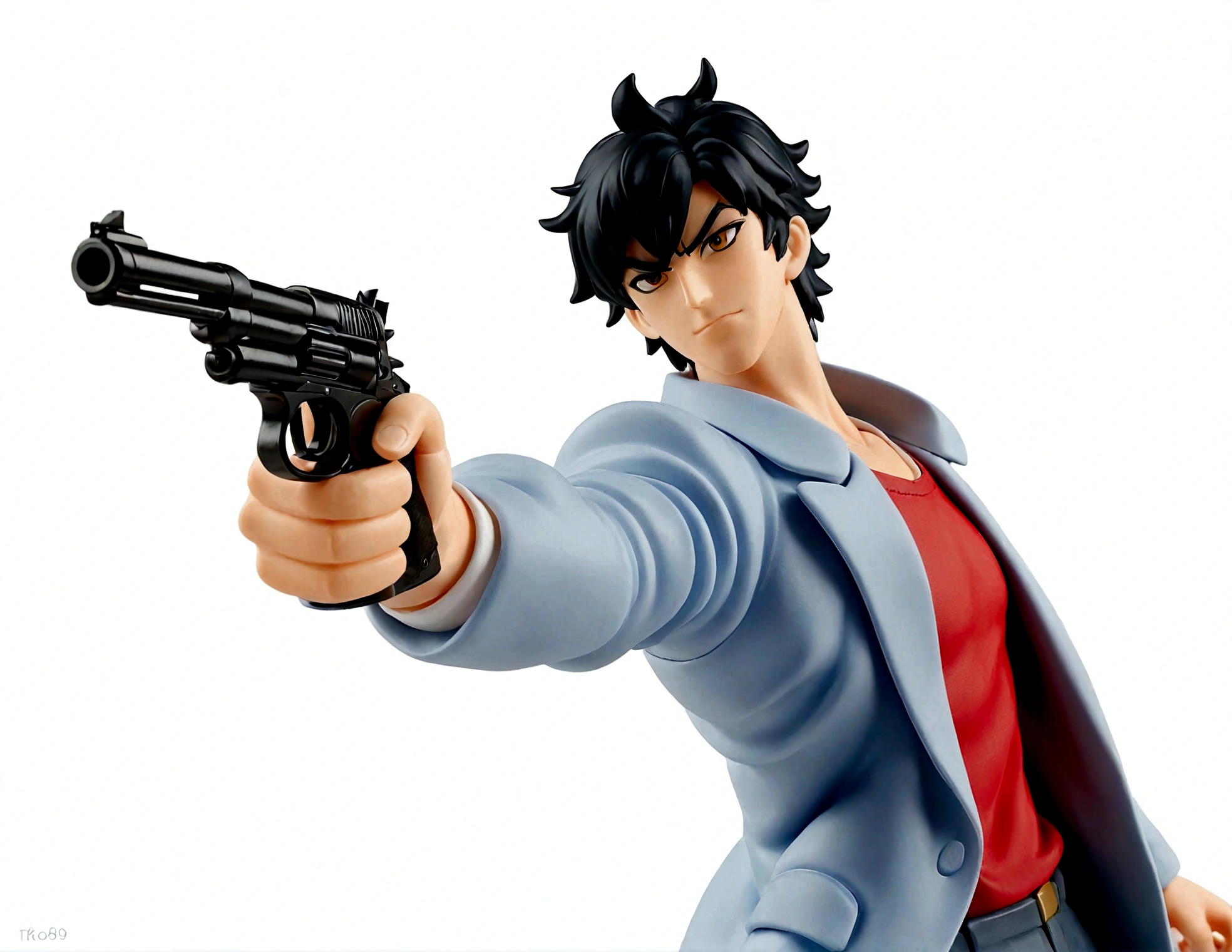 1boy,拿着gun,Blue coat,Red lining,Black Hainger on the trigger,gun,手gun,持gun,arms,Male focus,,solo