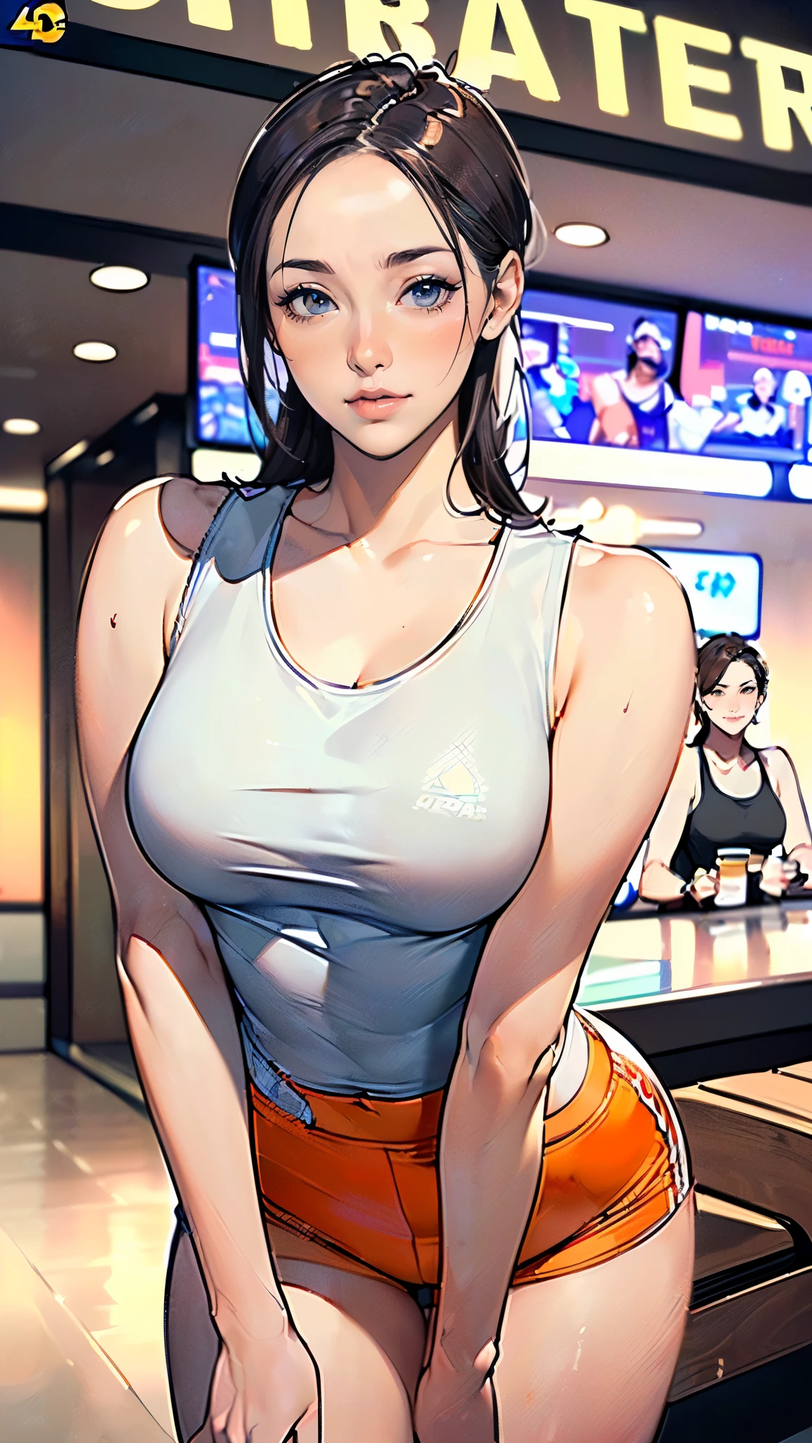 masterpiece,highest quality,Very detailed,High resolution,8k,wallpaper,Perfect lighting,break(One Woman),(Mature woman working as a waiter at a sports bar:1.5),(45 years old),(hooters),(((A very form fitting white tank top:1.5))),((The tank top has the logo of a sports bar on it.:1.5)),(((tiny orange shorts))),(((Very detailedなコスチュームの描画:1.5))),(Beautiful Eyes:1.5),(Detailed face drawing:1.5),(Detailed face drawing:1.5),((Very detailedな女性の手:1.5)),(Shiny skin:1.2),(Big Breasts:1.2),(Thick thighs:1.5),(Sensual body:1.5),(Sports bar background:1.5),(((Blur the background:1.5))),(((I&#39;m embarrassed:1.5)))