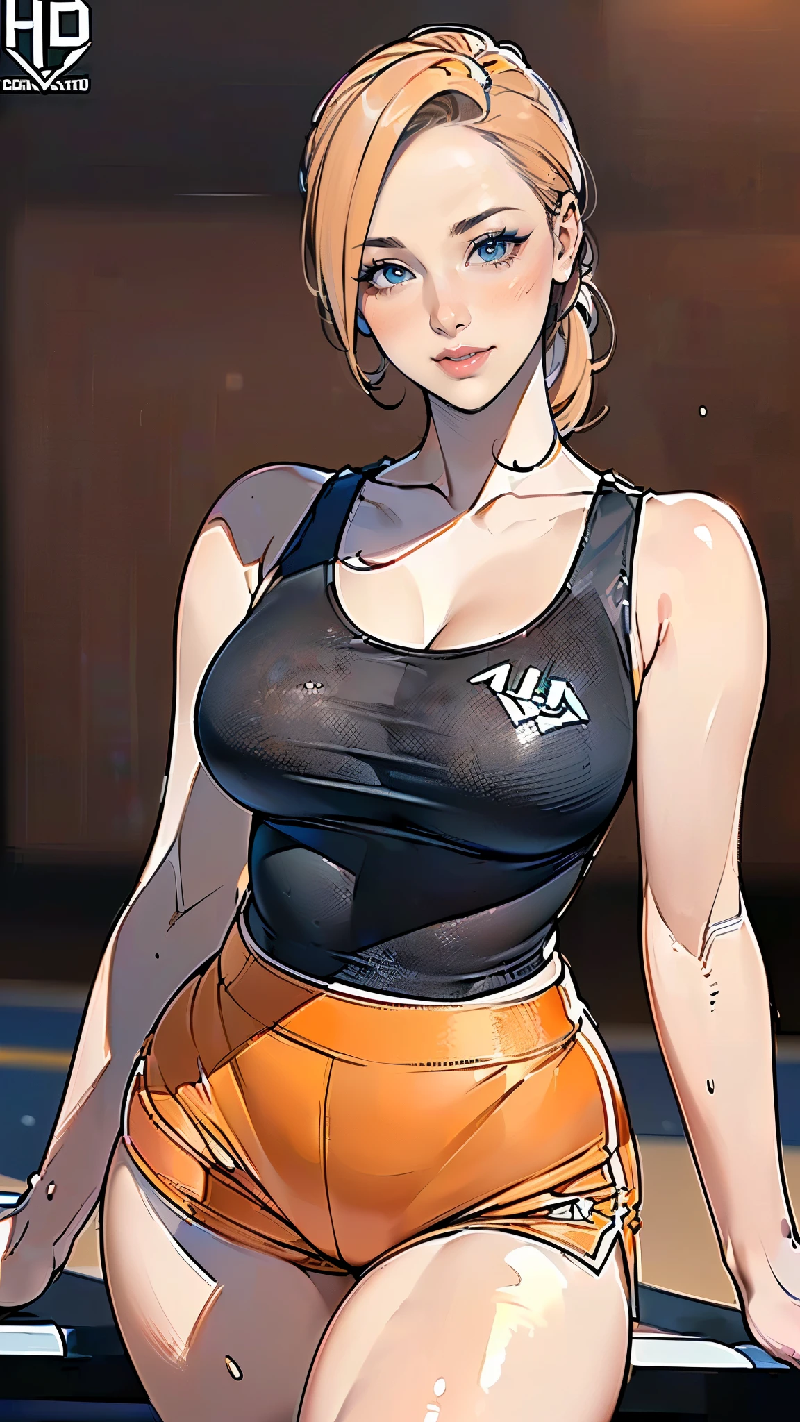 masterpiece,highest quality,Very detailed,High resolution,8k,wallpaper,Perfect lighting,break(One Woman),(Mature woman working as a waiter at a sports bar:1.5),(45 years old),(hooters),(((A very form fitting white tank top:1.5))),((The tank top has the logo of a sports bar on it.:1.5)),(((tiny orange shorts))),(((Very vulgar costume drawing:1.5))),(Beautiful Eyes:1.5),(Detailed face drawing:1.5),(Detailed face drawing:1.5),((Very detailedな女性の手:1.5)),(Shiny skin:1.2),(Big Breasts:1.2),(Thick thighs:1.5),(Sensual body:1.5),(Sports bar background:1.5),(((Blur the background:1.5))),(((I'm embarrassed:1.5)))