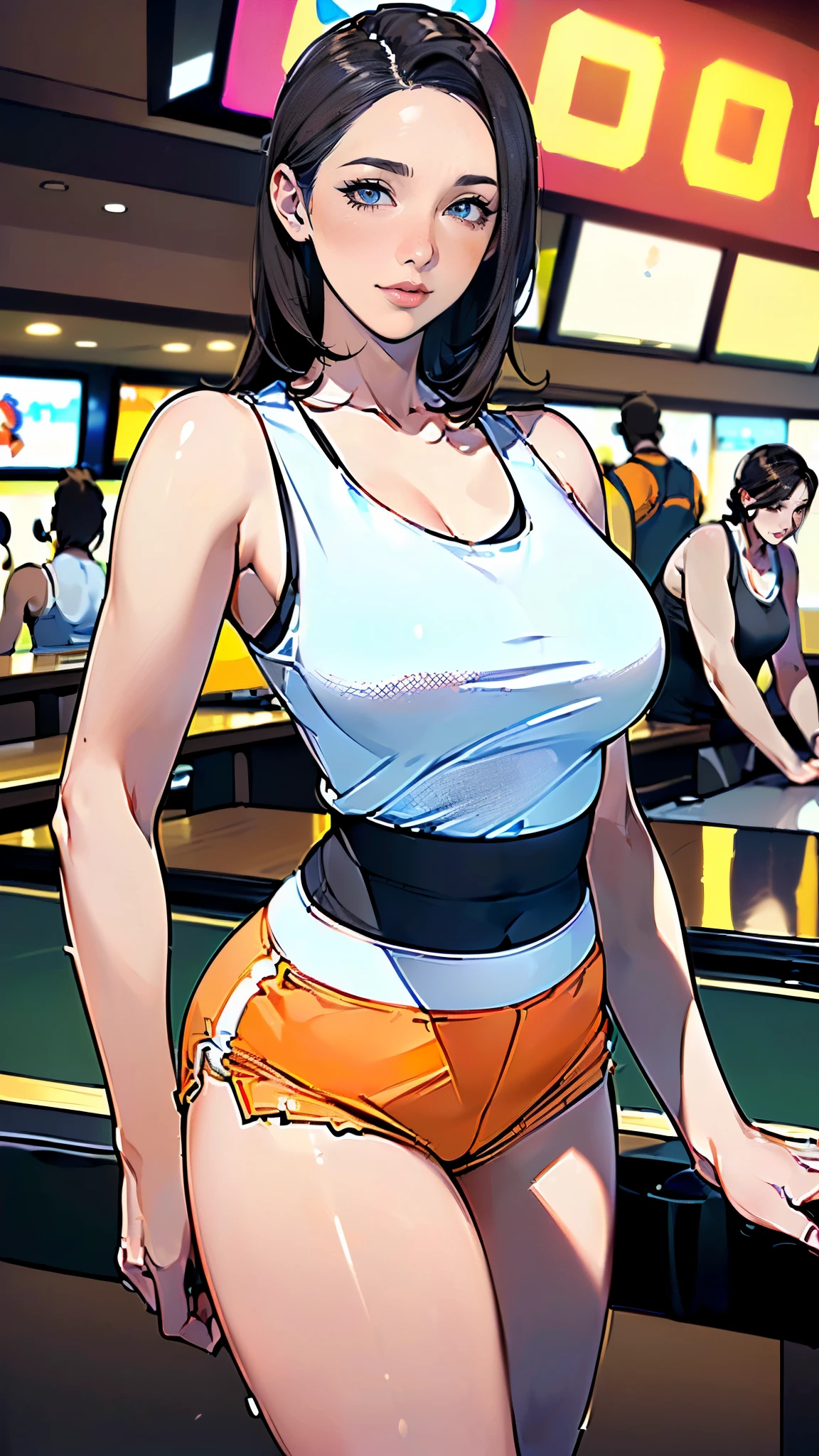 masterpiece,highest quality,Very detailed,High resolution,8k,wallpaper,Perfect lighting,break(One Woman),(Mature woman working as a waiter at a sports bar:1.5),(45 years old),(hooters),(((A very form fitting white tank top:1.5))),((The tank top has the logo of a sports bar on it.:1.5)),(((tiny orange shorts))),(((Very detailedなコスチュームの描画:1.5))),(Beautiful Eyes:1.5),(Detailed face drawing:1.5),(Detailed face drawing:1.5),((Very detailedな女性の手:1.5)),(Shiny skin:1.2),(Big Breasts:1.2),(Thick thighs:1.5),(Sensual body:1.5),(Sports bar background:1.5),(((Blur the background:1.5))),(((I&#39;m embarrassed:1.5)))