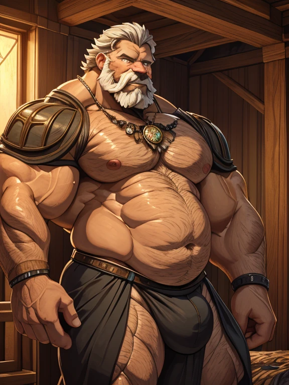 A burly, virile, and hairy dragon, exuding the irresistible charm of a himbo muscle daddy. His middle-aged features, adorned by a long, bushy beard and a thick mustache, reveal a life of experience and adventure. His body, sculpted into a warrior's build and a bodybuilder's physique, is a testament to his unyielding dedication to physical fitness. The hair on his chest and belly forms a carpet of thick fur, while his hairy arms and legs are adorned with a natural, untamed layer of hirsute. Every muscle on his overmuscular and musclebound frame is defined and bulging, veins pulsing beneath the surface, hinting at his incredible strength. Despite his advanced age, his grey hair only adds to his handsome and dreamy appearance.