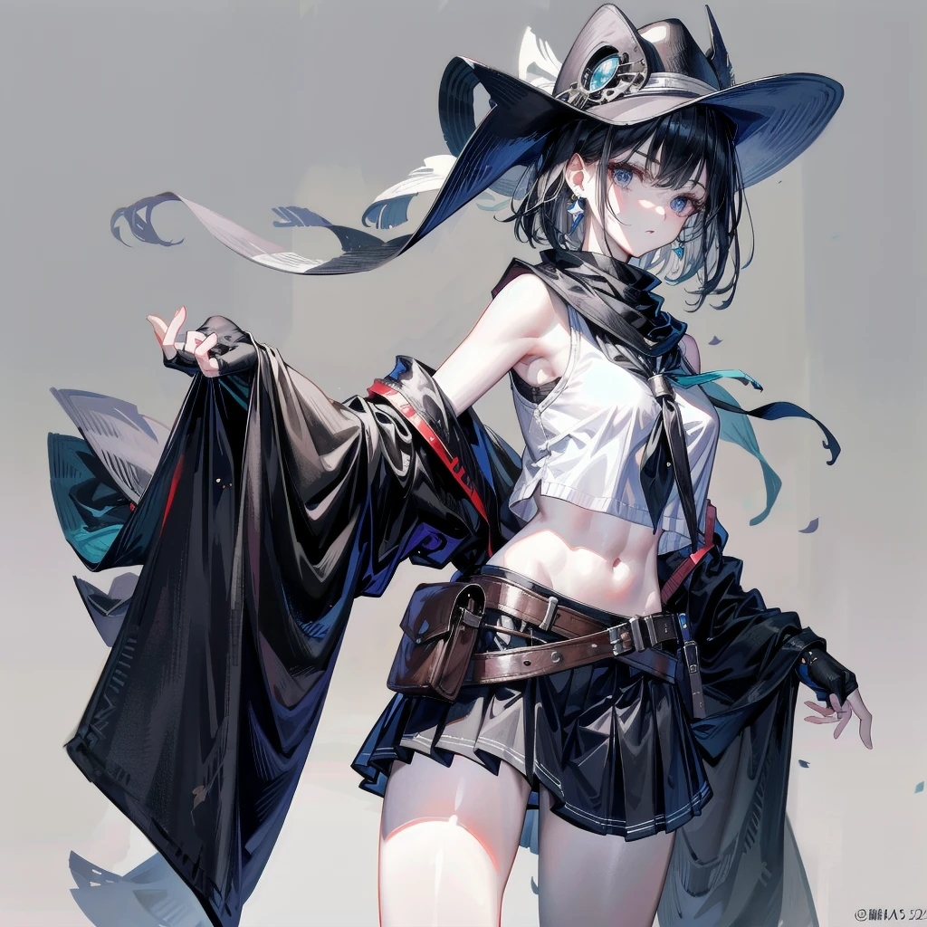 full body shot, cowgirl costume, vest, cowboy hat, fingerless gloves, midriff, neckerchief, short skirt, holster, absurdres, RAW photo, extremely delicate, extremely beautiful, masterpiece, Best Quality, ultra high resolution, 32k, hyperrealistic, ultra-detailed description, perfect anatomy, correct body, ideal ratio of body proportions, pale skin, 20 years old, detailed beautiful face, detailed beautiful face eyes, tearful mole, earring, short medium hair, black hair, Colossal tits,