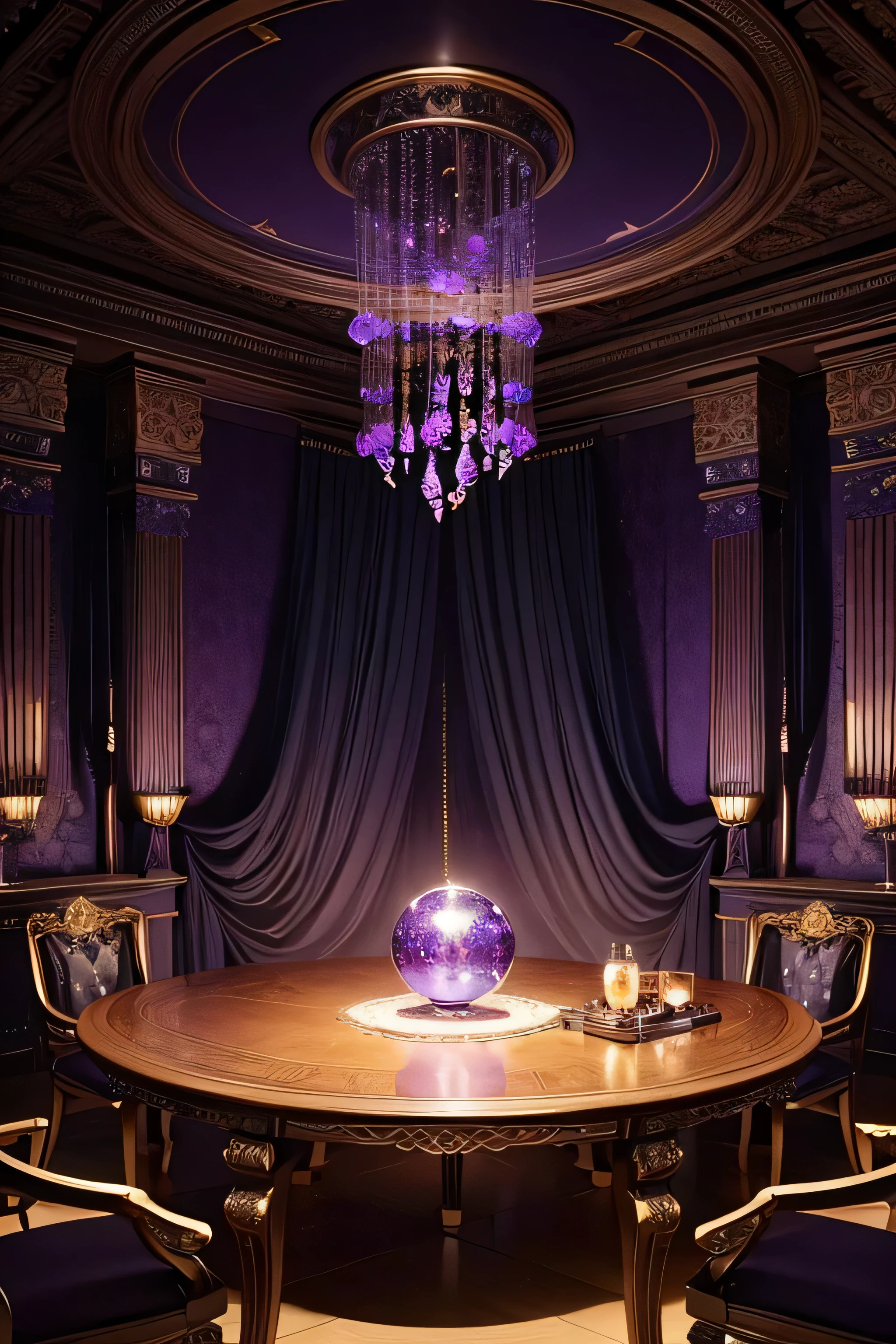 Create a captivating image of a mystical fortune-telling room designed to attract attention on TikTok. The room exudes an atmosphere of ancient wisdom and accuracy, dimly lit with enchanting, ambient lighting from flickering candles and ornate vintage lamps. The centerpiece is a large, intricately carved wooden table surrounded by plush, comfortable chairs draped with rich, velvet fabrics. The walls are adorned with luxurious tapestries and heavy, opulent curtains, enhancing the sense of secrecy and mystery. On the table, a glowing crystal ball sits alongside a beautifully illustrated tarot deck and ancient rune stones, surrounded by old, leather-bound books and scrolls filled with mysterious symbols. Incense smoke curls lazily through the air, adding to the room's mystic ambiance. The color scheme features deep purples, midnight blues, and rich blacks, with strategic lighting highlighting the intricate details. Additional elements include shimmering crystals, delicate wind chimes, and mystical symbols like pentagrams and crescent moons. The room also features a large, antique mirror with an ornate frame reflecting the magical surroundings, and subtle, animated sparkles to add a touch of enchantment. This room embodies the essence of a captivating and wise fortune-teller's domain, designed to mesmerize viewers and stand out on TikTok ,(The crystal sphere is large and mysterious),high quality images,