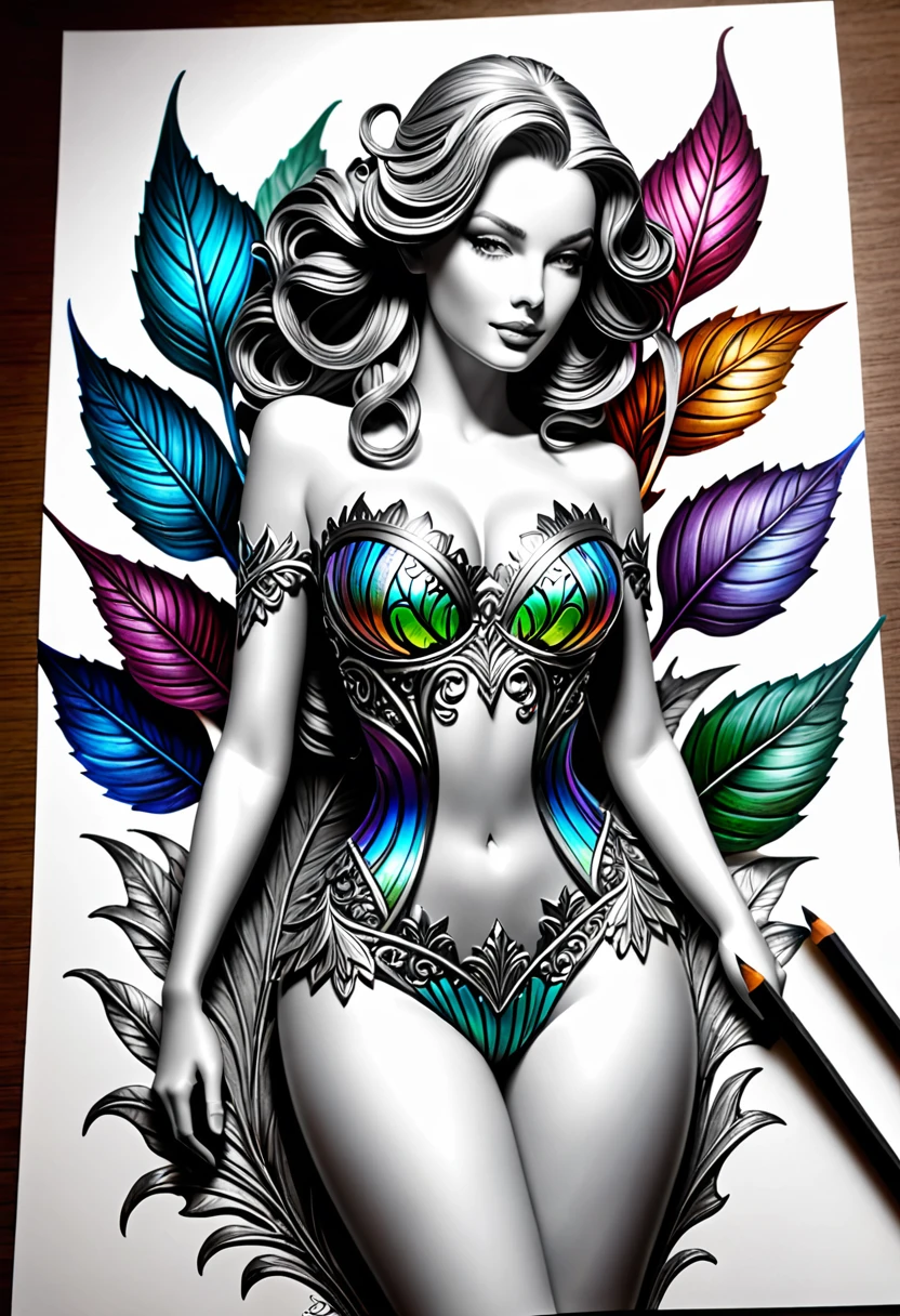 Dessin d'une sublime figurine 4D de style encre uhd époustouflante et à couper le souffle qui se dessine elle même, effet holographique volumique qui semble sortir de la feuille de dessin, extremely detailed drawing, hyperRéaliste, sublime details. Truly remarkable work, joyful and sensual work, taille fine et sublime poitrine effet push-up, couleurs subtiles flamboyantes