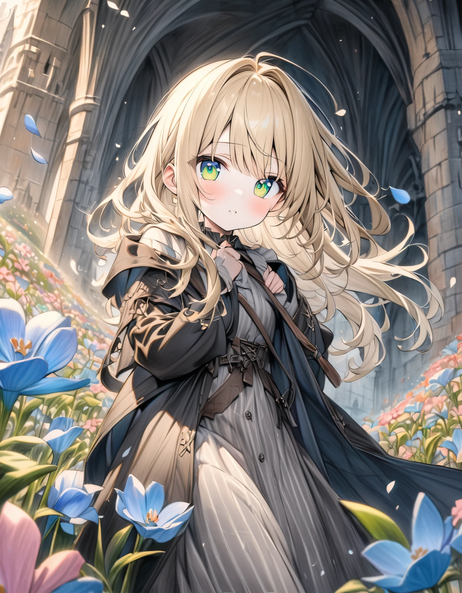 ((style:Colored pencil,pale colour)),(anime)、(masterpiece:1.2),Medieval fantasy world、Castle in the background、Black long coat、girl、Blonde、Emerald Eyes、Flower fields all around、The petals dance and shine、cute