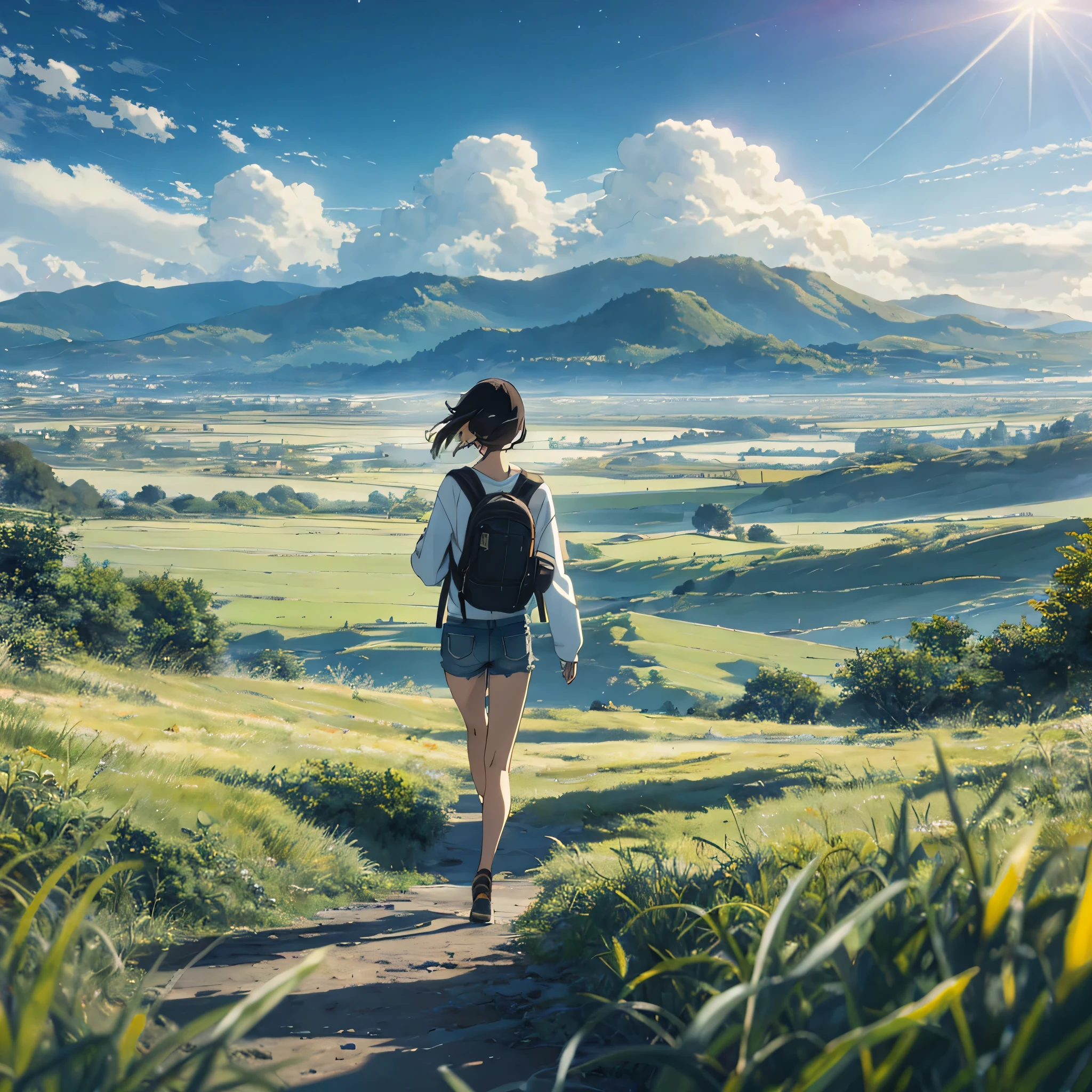 The vast sky, beautiful skyline, large grasslands, extremely tense and dramatic pictures, moving visual effects, the high-hanging Polaris, and colorful natural light. Long-sleeved top, denim shorts, and a girl with a backpack.