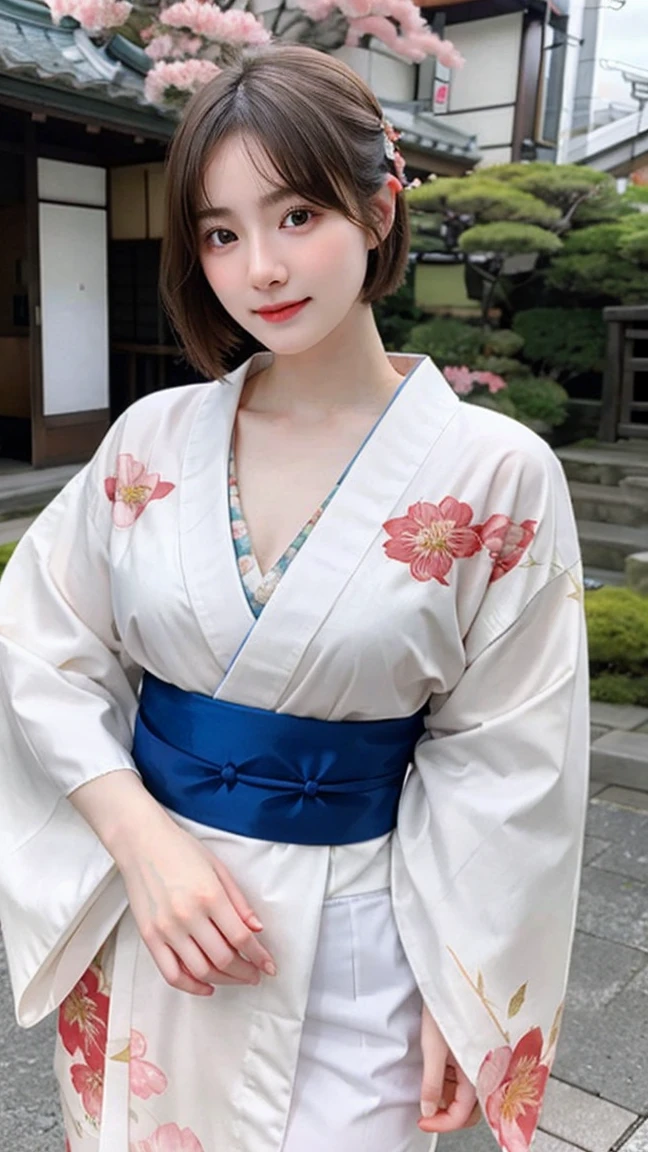 ((best quality)), photorealistic, photorealism, Photorealistic, high resolution, Beautiful, Baby Face, 20 Years Old, White Skin, pale skin, medium breast, seductive pose, dynamic pose, looking at the camera, (Detailed face), short hair, sexy body, (wearing japanese kimono), (japanese flowers motif kimono), Fingers are occluded, bokeh, cafe background