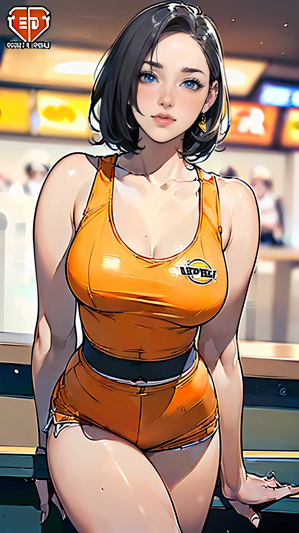 masterpiece,highest quality,Very detailed,High resolution,8k,wallpaper,Perfect lighting,break(One Woman),(Mature woman working as a waiter at a sports bar:1.5),(45 years old),(hooters),(((A very form fitting white tank top:1.5))),((The tank top has the logo of a sports bar on it.:1.5)),(((tiny orange shorts))),(((Very detailedなコスチュームの描画:1.5))),(Beautiful Eyes:1.5),(Detailed face drawing:1.5),(Detailed face drawing:1.5),((Very detailedな女性の手:1.5)),(Shiny skin:1.2),(Big Breasts:1.2),(Thick thighs:1.5),(Sensual body:1.5),(Sports bar background:1.5),(((Blur the background:1.5))),(((I&#39;m embarrassed:1.5)))