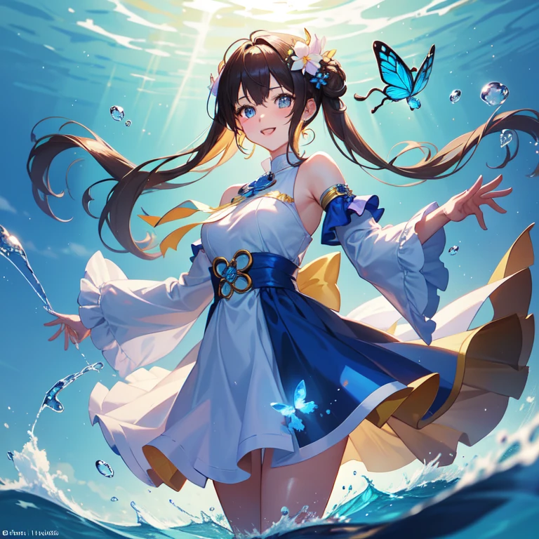 (cleavage) (masterpiece), (portrait), (aesthetic), (beautiful), (upper blody), (high quality), (aesthetic clothings), (professional angle), (rule of thirds), (Feminine), (woman), (female), (beautiful),(feminine features), (25 years), (solo), (1), 1 woman, (attractive Japanese), Summer, Natural light, (Sitting), Fresh Makeup, (Small bust), ((holding a -)), (Front face), (Smiling expression), ((Happy and Cute Mood)), Headband, ((Medium hair)), (Brown hair), (Wavy hair), (Silky hair), Glossy shine hair, (Hairpin and Ribbons in hair), (Brown eyes), (Playful and Youthful look), (Fair skin), (Gold Accessory, Chinese dancer dress), ((underwater background)), (- in background), (Medium Shot shot), beautiful hands, two hands, normal hands, two arms, complete hands, beautiful body, beautiful fingers, normal fingers, five fingers, five fingers, (Thumb index meddle ring little fingers), beautiful ears, normal ears, beautiful eyes, shiny eyes, beautiful mouth, beautiful lips,