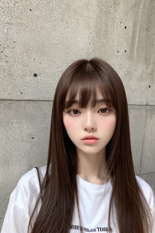 1 girl、Brown Hair、Straight Bangs、Medium Hair、Concrete walls and floors、Transcendental Silence、22 years old、White Fashion、Depth of written boundary、Absurd、Hmph、Ultra-detailed illustrations、Highly detailed face、Raw photo、Film Grain、deviantart Trends