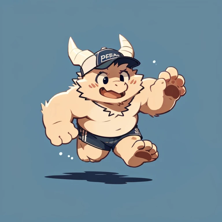 dragon face,Cute face,Humanity(dragon), (cap, running) , Chubby,(white eyebrows:1.1),(perfect black eyes),Simple background, Blue Background,print style。(Artist:Takemoto Arashi