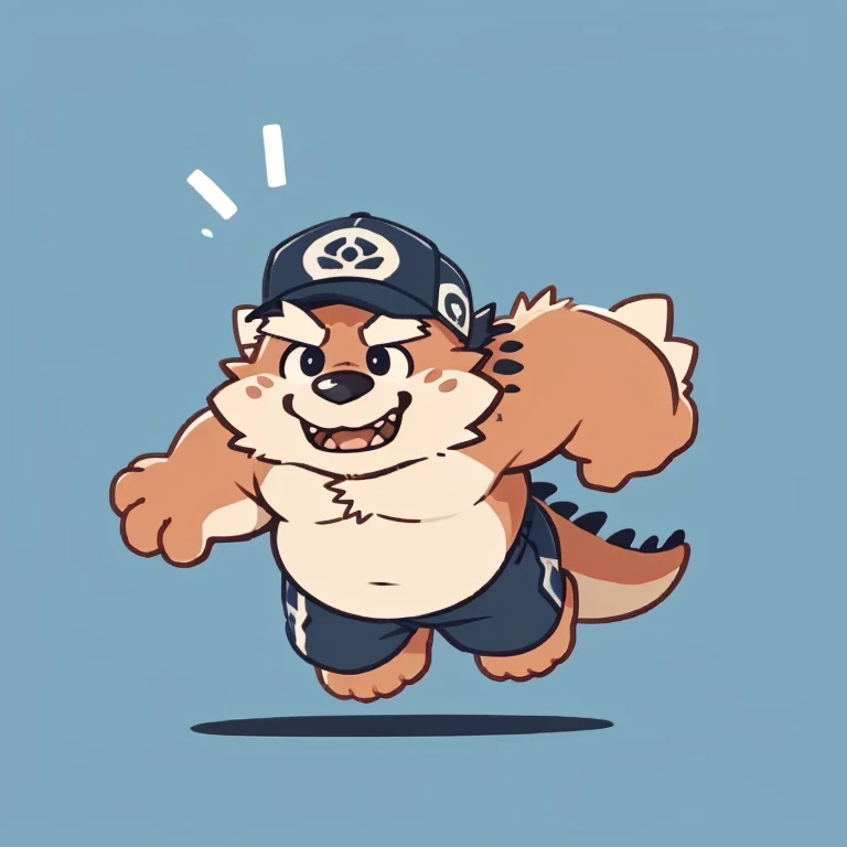 dragon face,Cute face,Humanity(dragon), (cap, running) , Chubby,(white eyebrows:1.1),(perfect black eyes),Simple background, Blue Background,print style。（Artist:Takemoto Arashi