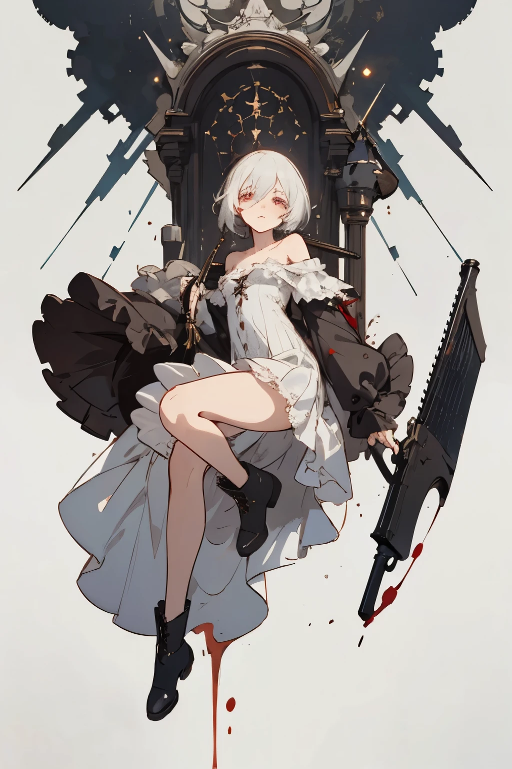  ((best quality)), ((masterpiece)), (detailed), very skinny, prominent collarbones, skinny arms, flat stomach, visible hip bones, red and white clothing, Bloodborne inspired, occult aesthetic, occult, detailed and intricate steampunk and detailed gothic, NSFW, Very dramatic and cinematic lighting, cosmic horror, grim-dark, side-lighting, perfect face, NSFW, Fluttering lace flared long knee length dress with frilly petticoats, knee length dress, pleated petticoats, lolita dress, petticoats gothic lolita, complex lace boots, side-lighting, gothic lolita aesthetic, wielding a mighty sword with mechanical components, carbine, NSFW, beautiful small breasts, small breasts, full body, whole body, body, NSFW, full body, whole body, head-to-toe NSFW 