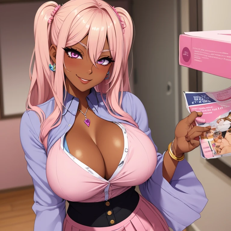 ((1 girl)), thick bluish eyeshadow, thin eyebrows, thick black eyeliner, Highlighted eyes with eyeliner, false eyelashes,,(tanned skin:1.2),dark skin, blond hair, lightsmile,gyaru,huge breast,neckress,button gap, sleeves rolled up, pink bracelet, BREAK cleavage, BREAK pink pleated skirt, pink miniskirt,pink bra,pink panty,pink yshirt,((cute face))
