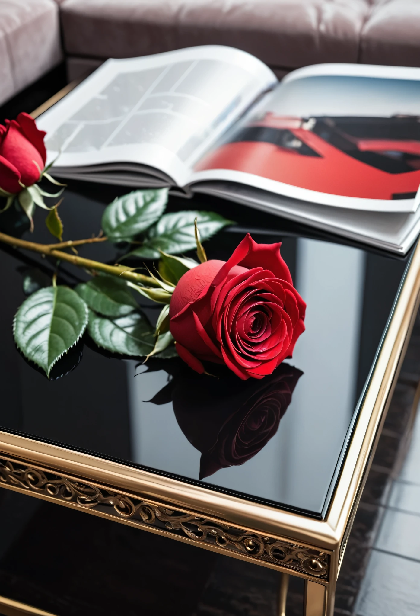 close-up of the coffee table on it
glossy magazine, red rose, 8k