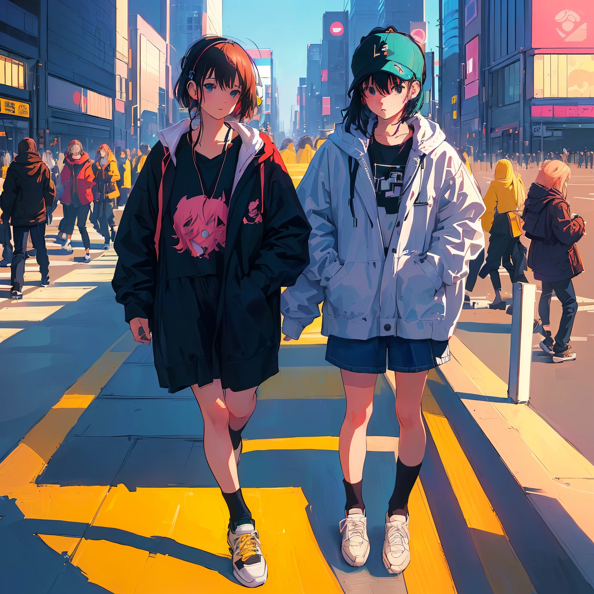 There's a Girl Wearing Headphones, Lo-Fi Girl, Shibuya Crossing, Portrait of Lo-Fi Walking, Laurie Greasley Style, Lo-Fi Art, Lo-Fi Art Style, Inspired by Joe San Gonzalez, Short wearing pants, wearing sneakers, lo-fi illustration style, lo-fi color, lo-fi feeling, Josan Gonzalez、One beautiful woman