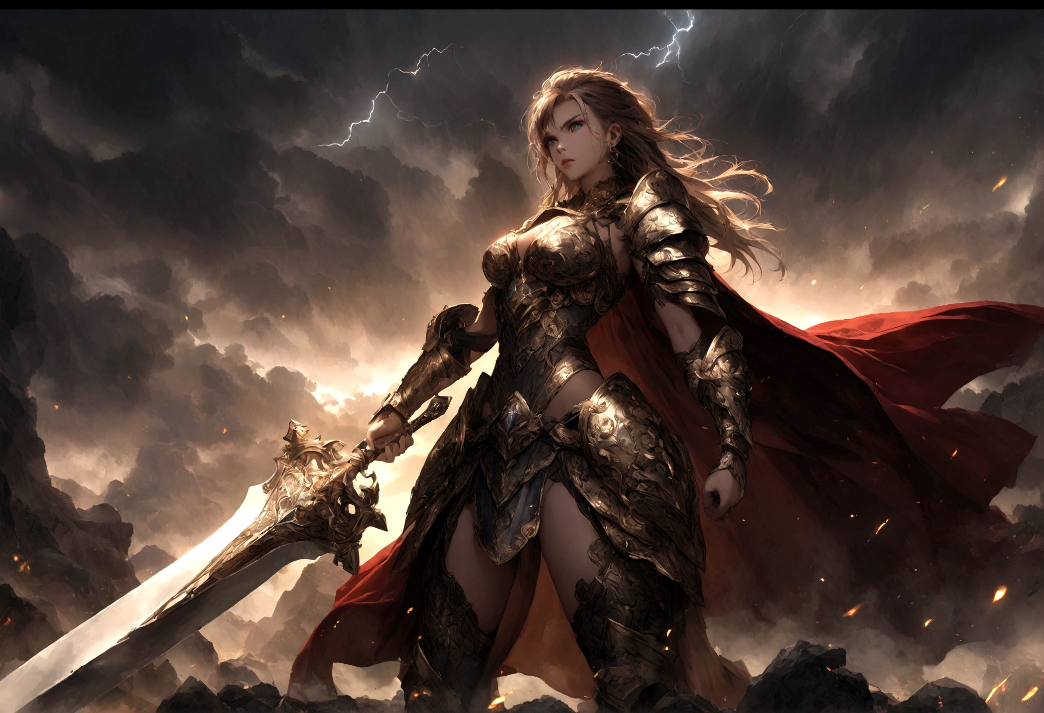 A fierce female warrior standing on a battlefield. She wears intricately designed armor with silver and gold accents, and a flowing red cape billows behind her. In one hand, she holds a gleaming sword with ancient runes, and in the other, a round shield adorned with a lion emblem. Her piercing blue eyes and determined expression convey strength and courage. The background features a dramatic sky with dark storm clouds and flashes of lightning, highlighting the intensity of the scene. A natural style - a metallic nuance - chiaroscuro lighting - a dark atmosphere - HDR effect.