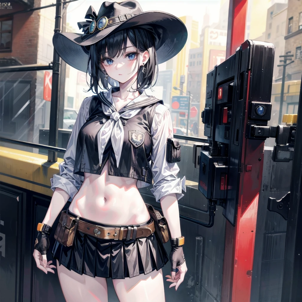 full body shot, cowgirl costume, vest, cowboy hat, fingerless gloves, midriff, neckerchief, short skirt, holster, absurdres, RAW photo, extremely delicate, extremely beautiful, masterpiece, Best Quality, ultra high resolution, 32k, hyperrealistic, ultra-detailed description, perfect anatomy, correct body, ideal ratio of body proportions, pale skin, 20 years old, detailed beautiful face, detailed beautiful face eyes, tearful mole, earring, short medium hair, black hair, Colossal tits, 