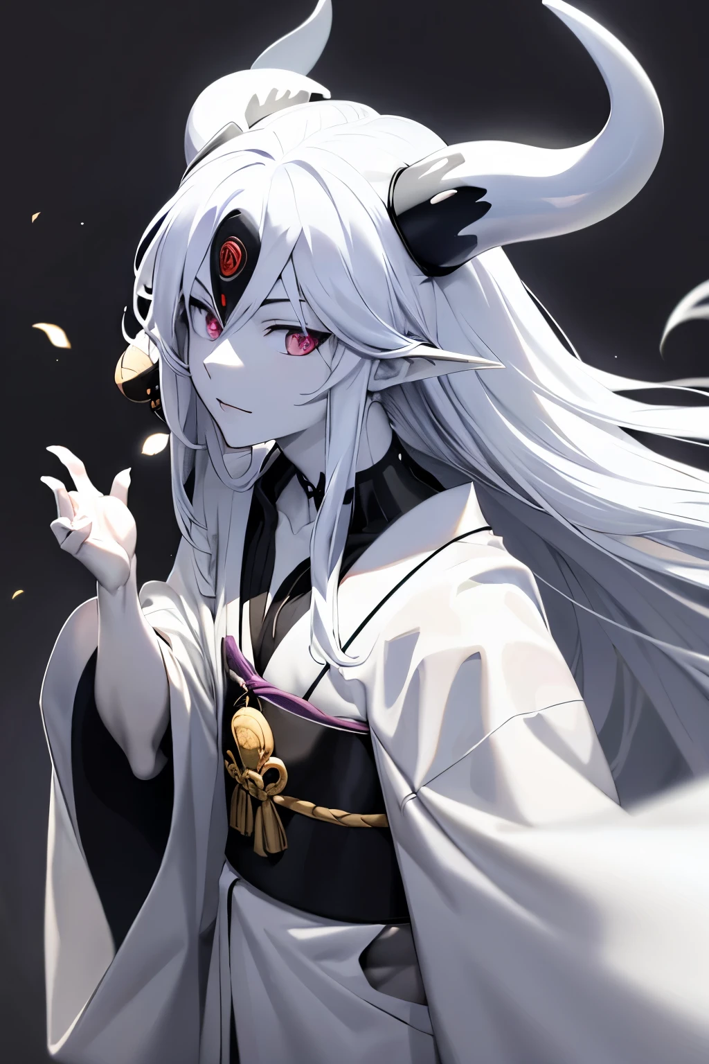 otsutsuki, white long hair, white pointed horns, silver eyes, pale skin, white with black tamoyo kimono, male