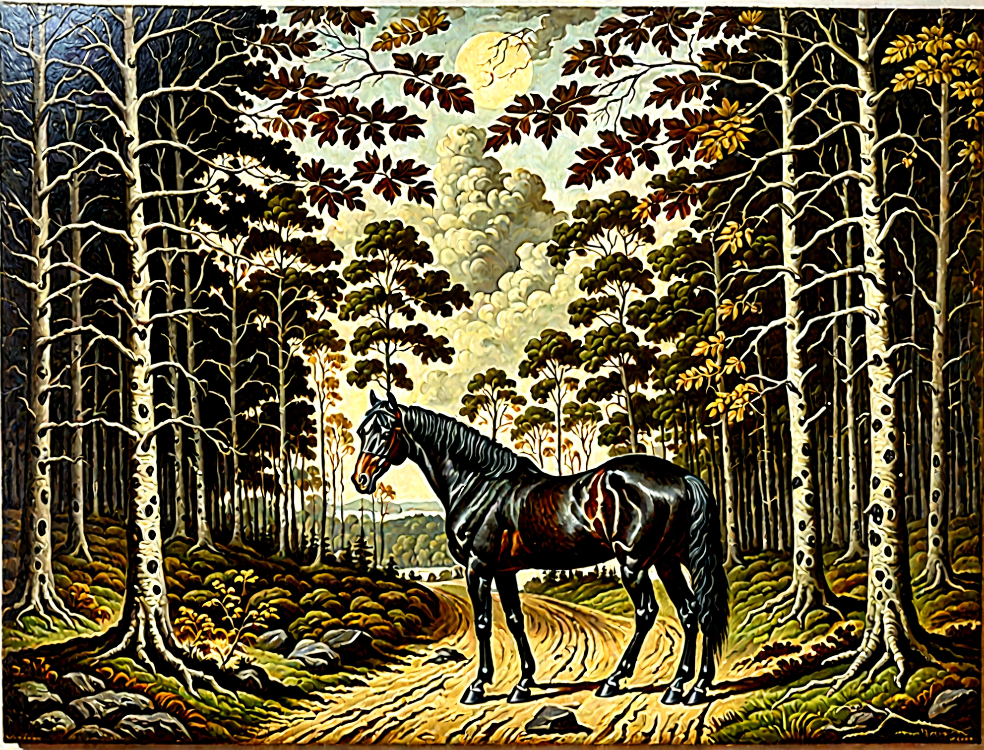 Vintage Black Horse Oil Painting, Vintage Farm, tonalism style, tonalism painting, tonalism, tonalism!, inspired by Asher Brown Durand, inspired by Benjamin Williams Leader, inspired by William Trost Richards, james bama, inspired by John Frederick Kensett, forest landscape, painting of a forest, by Hermann Rüdisühli