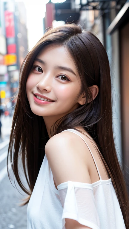 (((Close-up of face)))、(((Brown hair straight)))、(((She is posing like a hair salon model with a New York alleyway in the background.)))、(((She is wearing casual clothes suitable for early summer.。The shoulders are hidden)))、(Natural laughter:1.25)、Half Japanese, half Korean、18 year old girl、Standing Alone、Looking forward、Light eye makeup、Brown Hair Color、Flat and 、Hair blowing in the wind、Actress Quality、Glossy, ultra-realistic face、Smiling face、Watery eyes、Gazing Up、Subtle lighting effects、 Ultra-Realistic Capture、Very detailed、High resolution 16K close up of human skin。Skin texture must be natural、The details must be such that pores can be clearly seen、The skin is healthy、Uniform tone、Use natural light and colors、A worn-out, high-quality photo taken by a model agency&#39;s in-house photographer.、smile、(((SIGMA 300 mm F/1.4,1/1000 sec shutter,ISO 400)))、The background is F-stop 1..4 is blurred