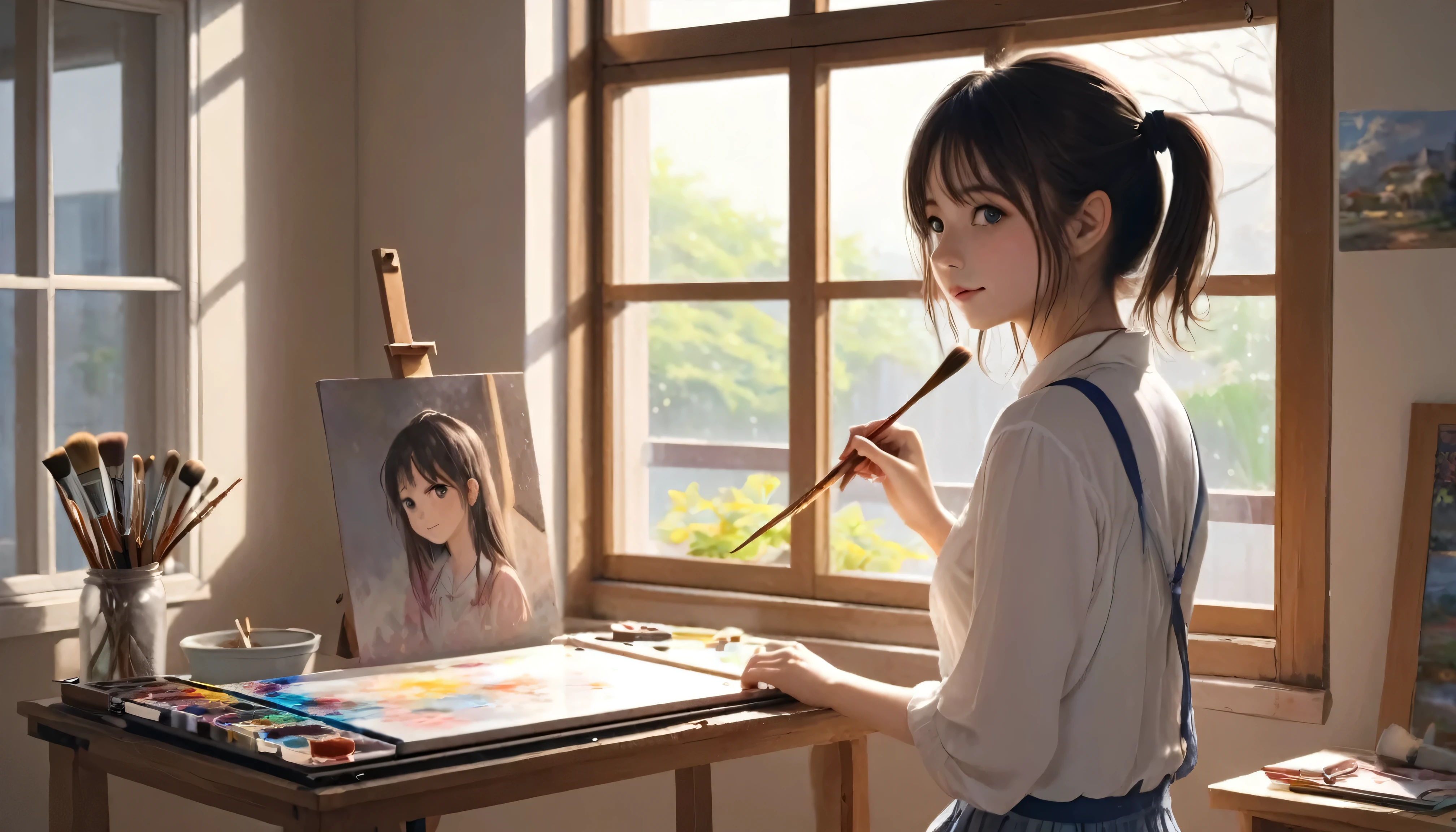 anime girl with a brush and a painting board in front of a window, painted in anime painter studio, Realistic cute girl drawing, beautiful anime portrait, anime. Soft lighting, Detailed painting 4k, anime realism style, realistic anime artstyle, Gweiz-style artwork, realistic anime art style, made with anime painter studio, portrait anime girl