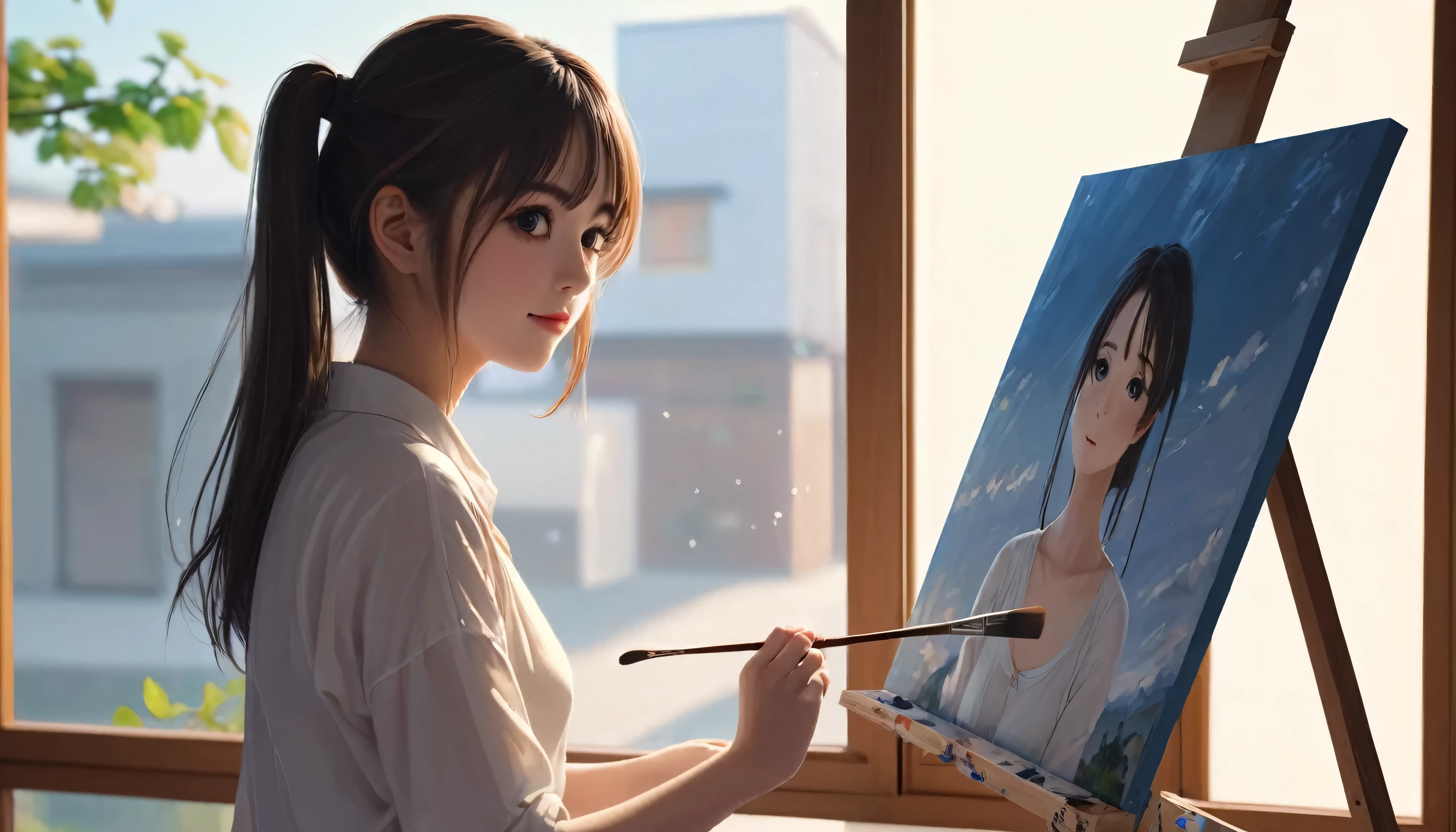 anime girl with a brush and a painting board in front of a window, painted in anime painter studio, Realistic cute girl drawing, beautiful anime portrait, anime. Soft lighting, Detailed painting 4k, anime realism style, realistic anime artstyle, Gweiz-style artwork, realistic anime art style, made with anime painter studio, portrait anime girl