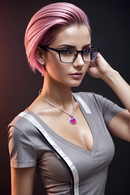 Gorgeous european woman with very short straight hair, short hair, wet hair, hair slicked back, combed straight back, slick hair, streaked pink hair, seductive, dressed alon a nurse uniform, sthetoscope, badge, glasses, cleavage, solid dark grey background