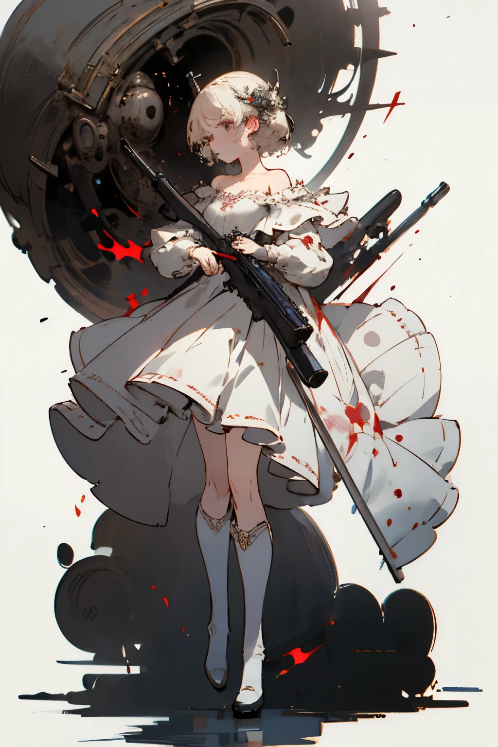 ((best quality)), ((masterpiece)), (detailed), 1girl, off-shoulder, blank white background, plain background, white background, red and white clothing, Bloodborne aesthetic, Bloodborne inspired, occult aesthetic, occult, detailed and intricate steampunk and detailed gothic, NSFW, Very dramatic and cinematic lighting, cosmic horror, grim-dark, side-lighting, perfect face, NSFW, Fluttering lace flared long knee length dress with frilly petticoats, knee length dress, pleated petticoats, petticoats gothic, complex lace boots, side-lighting, gothic aesthetic, wielding a mighty sword with mechanical components, carbine, NSFW, beautiful small breasts, small breasts, full body, whole body, body, plain background, white background, blank background, no background, white background NSFW, full body, whole body, head-to-toe NSFW,
