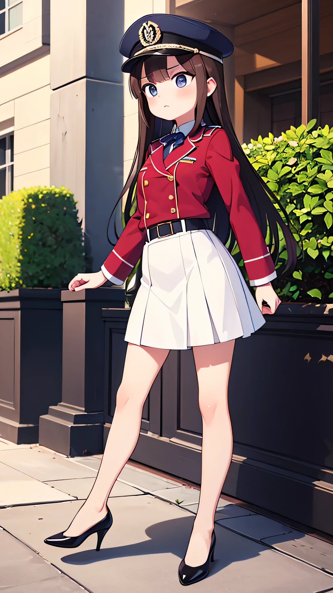 masterpiece, highest quality),Brown Hair, Princess Cut, Long Hair, With bangs, girl, Uniform cap,Security uniform,Straight Skirt,Angry face, blush, Slender women, Straight Skirt, Standing posture, （Public）garden, diagonal, From diagonal, Bare feet and pumps, Plain black pumps,fall on one&#39;s butt