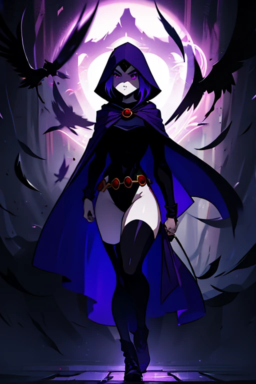 Raven, girl, Alone, short hair, purple eyes, pale skin, Athletic, RVN, 1 girl, Alone, black low-cut leotard, cape, legs showing, belt, hood on, hotraven, sensual, glamorous,