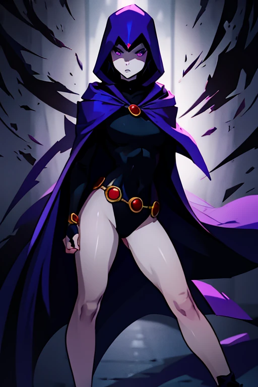 Raven, girl, Alone, short hair, purple eyes, pale skin, Athletic, RVN, 1 girl, Alone, black low-cut leotard, cape, legs showing, belt, hood on, hotraven, sensual, glamorous,