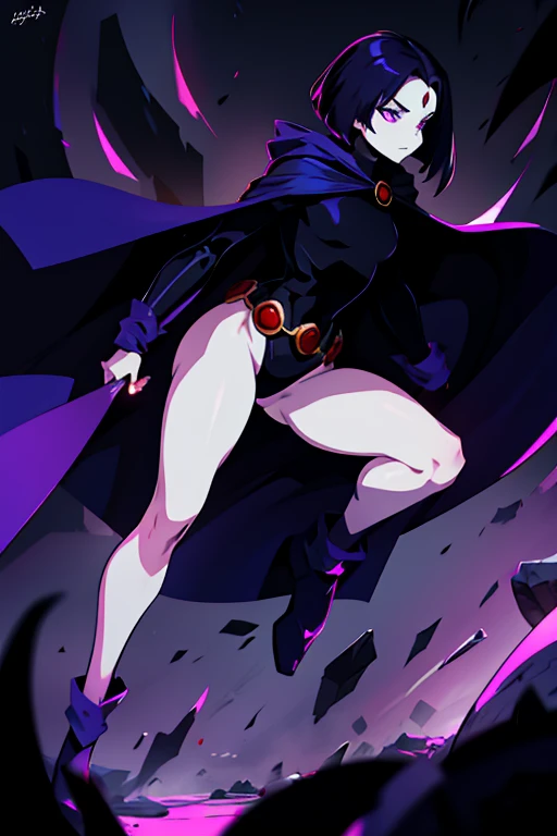 Raven, girl, Alone, short hair, purple eyes, pale skin, Athletic, RVN, 1 girl, Alone, black low-cut leotard, cape, legs showing, belt, hood on, hotraven, sensual, glamorous,