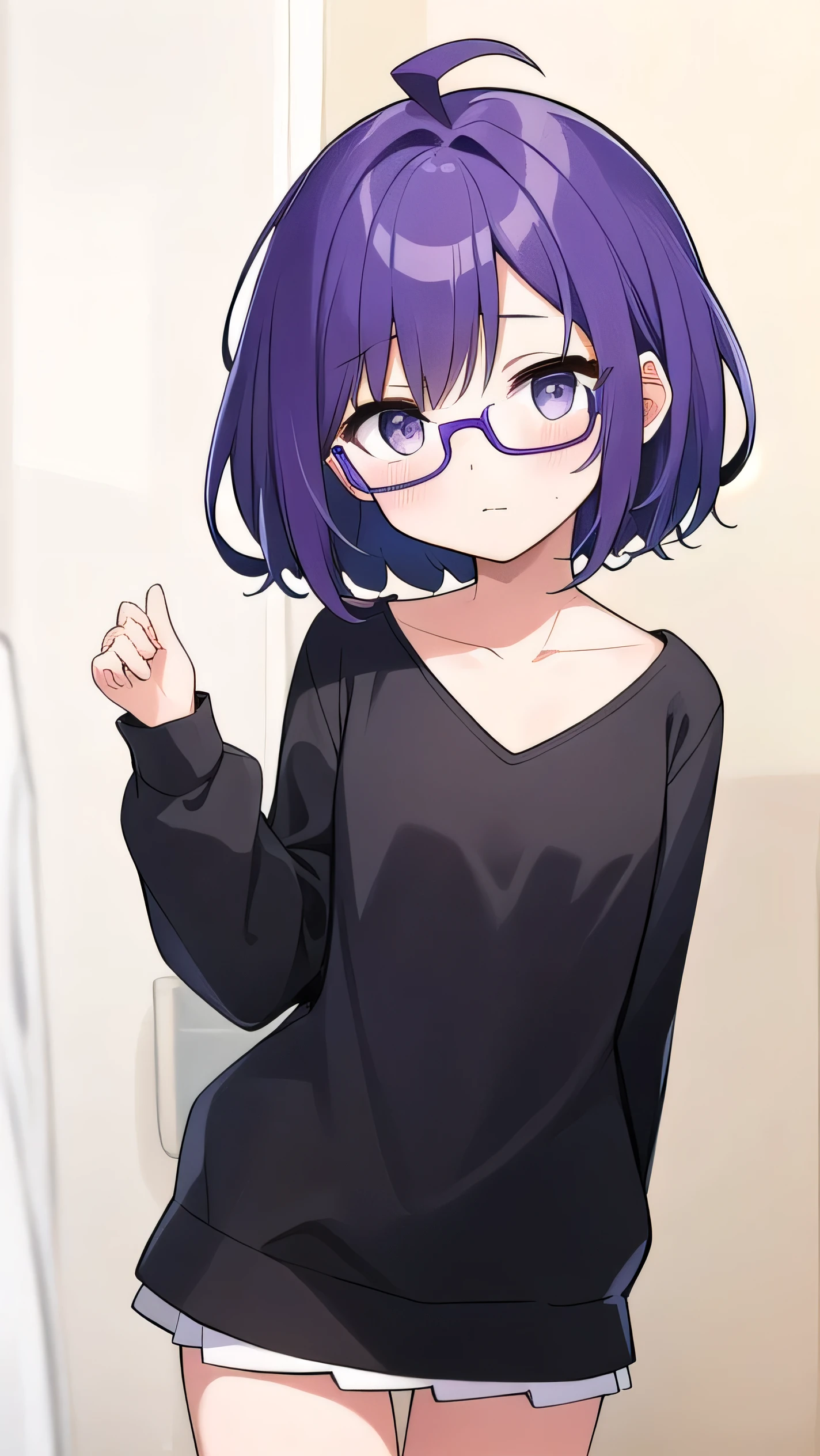 (Purple hair:1.4), gray eyes, white , navy blue miniskirt, 11 years old, short, short long hair, kind expression, shy, almost no breasts, slightly exposed. hair,(flipped hair ), flipped hair, long sleeves, ahoge, girl alone, flipped hair, flipped hair, flipped hair, flipped hair, glasses with no edges, embarrassed, ，(flat chest),(slender)