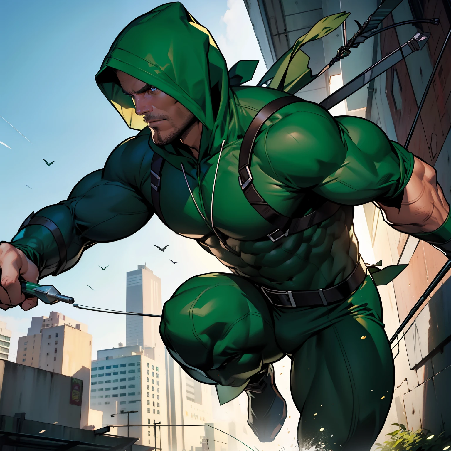 a  muscular mature man , hero withdark green  suit ((DC Comics)) , stephen amell as green arrow aiming with his bow and arrows towards his targets , hunk and handsome in action