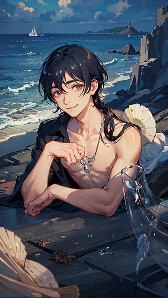 1boy, solo, black hair, blue eyes, standing, sea, shirtless, no shirt, ocean