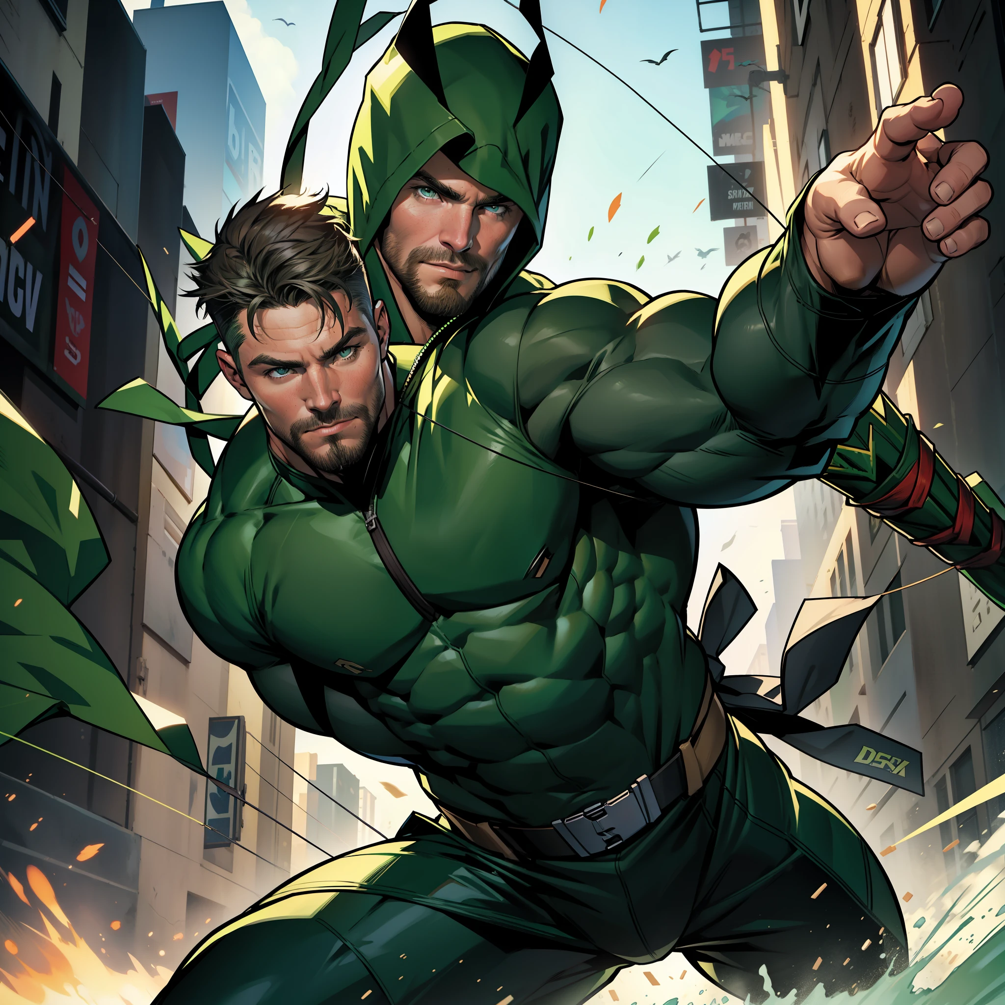 a muscular mature man , hero withdark green suit ((DC Comics)) , stephen amell as green arrow aiming with his bow and arrows towards his targets , hunk and handsome in action