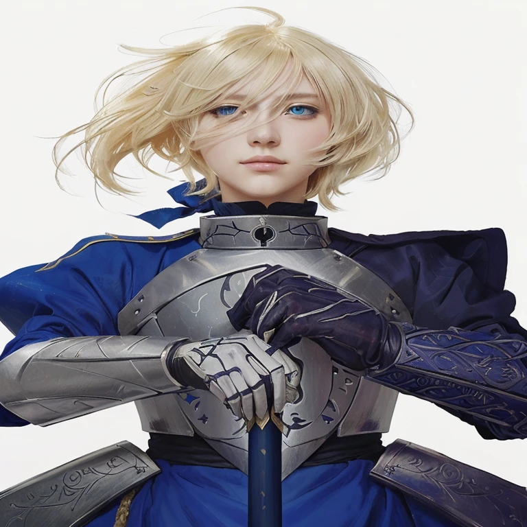 personaje animado with blonde hair and blue eyes holding a sword, artoria pendragon, inspirado en Li Chevalier, female protagonist 👀 :8, fanart exquisito muy detallado, estilo anime como el destino/Estancia de noche, pero la armadura cubre su rostro, arte oficial, personaje animado, arte zerochan, destino cero, 2 segundo, 2b, hecho con estudio de pintor anime