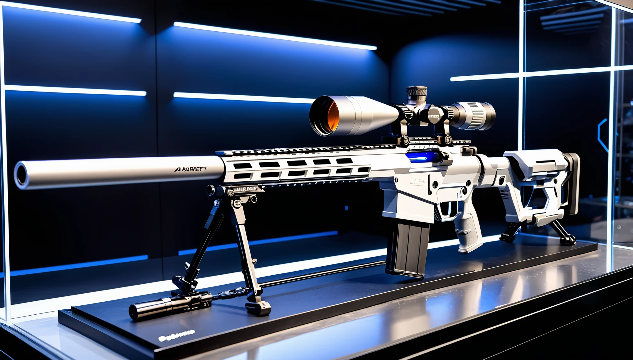 (High-end gaming equipment with a sci-fi feel：1.5),(A silver-gray charged sniper rifle:1.3),Anti-equipment,((Using the Barrett M82 sniper rifle as a prototype firearm:1.3)),future technology,(Reflective metal material),[Blue particles｜Flowing Arc]Glowing part of the gun,(Black and gray charge rifle grip:1.2),((This weapon hangs in a display case:1.35)),