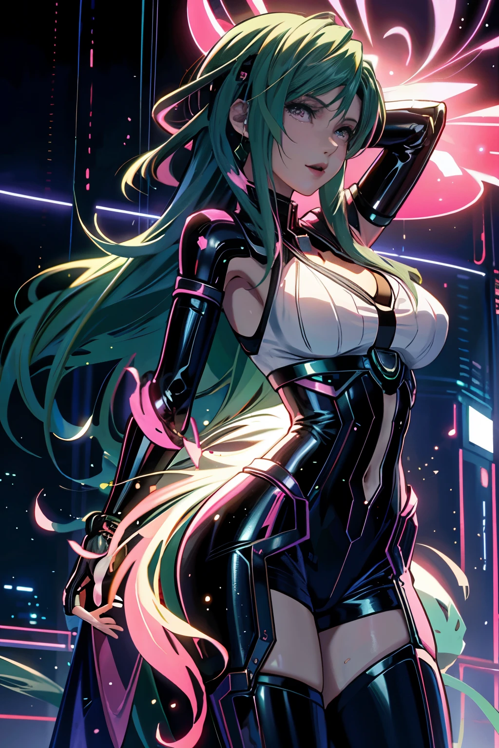 woman, Realistic characters, Green hair and pink hair, blue eyes, anime, alone, Modern, cyber punk, huge firm bouncing bust, dynamic sexy poses
