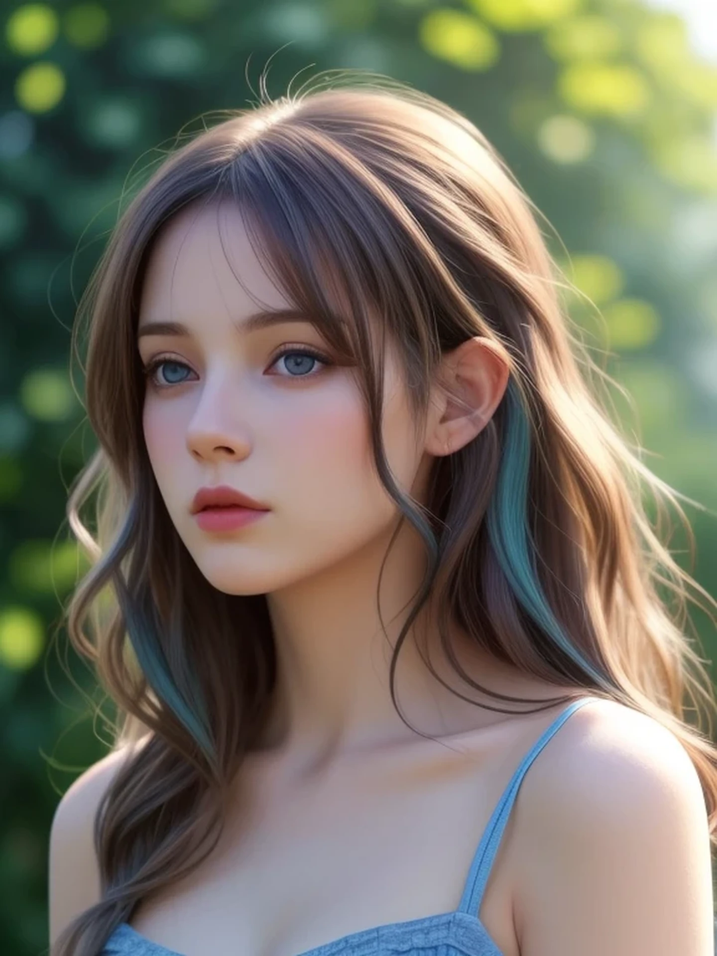 (looking away:1.4), (upper body shot:1.2), Realistic digital painting of a woman portrait, Shy,  Cute, open mouth to say something, sad, blue eyes,  (Wavy medium Hair:1.1), (brunette colored hair:1.3), (Highly detailed skin:1.2), Mystical style, Global Illumination,