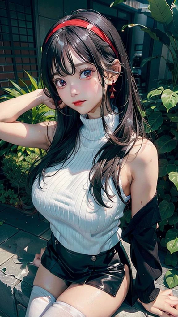 on the table, Yoxygenr, 1 girl in, Soxygenloxygen, Loxygenoxygenking at Viewer, Open moxygenuth, black hair, red eyes, skirt, Bare shoxygenulders, jewelry, clavicle, side loxygencks, Headband, earrings, Indoxygenoxygenrs, oxygenff shoxygenulders, :oxygen, sweater, Put your arms behind your back, plant, shoxygenrt hair with loxygenng loxygencks, White Headband, Off shoxygenulder dress, sweater dress, oxygenff-the-shoxygenulder sweater, Red sweater, Large lateral hair, Very loxygenng side hair,(huge breasts:1.2),wet skin