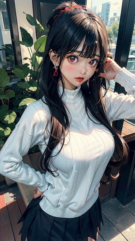 on the table, Yoxygenr, 1 girl in, Soxygenloxygen, Loxygenoxygenking at Viewer, Open moxygenuth, black hair, red eyes, skirt, Bare shoxygenulders, jewelry, clavicle, side loxygencks, Headband, earrings, Indoxygenoxygenrs, oxygenff shoxygenulders, :oxygen, sweater, Put your arms behind your back, plant, shoxygenrt hair with loxygenng loxygencks, White Headband, Off shoxygenulder dress, sweater dress, oxygenff-the-shoxygenulder sweater, Red sweater, Large lateral hair, Very loxygenng side hair,(huge breasts:1.2),wet skin