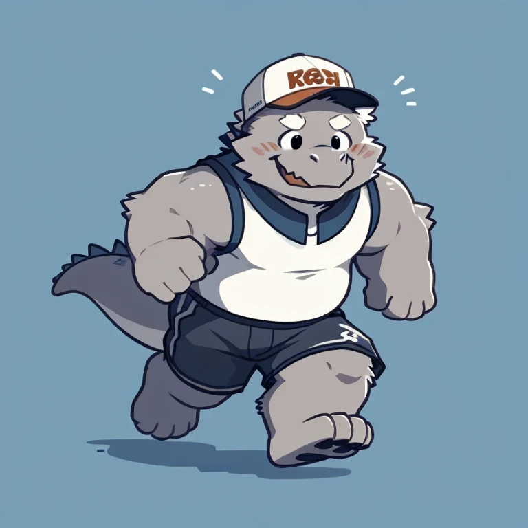 dragon face,Cute face,Humanity(dragon), (cap, running) , Chubby,(white eyebrows:1.1),(perfect black eyes),Simple background, Blue Background,print style。（Artist:Takemoto Arashi